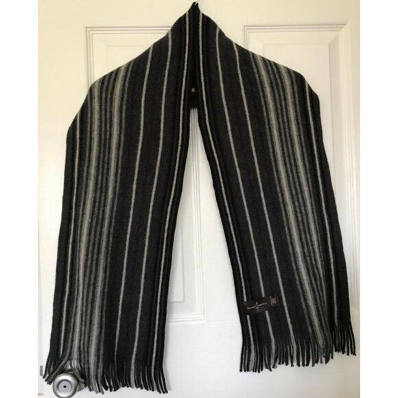 100% Wool Black Brown 1826 Gray Purple Striped Tasseled Fringed Scarf Wrap NWOT - Picture 1 of 4